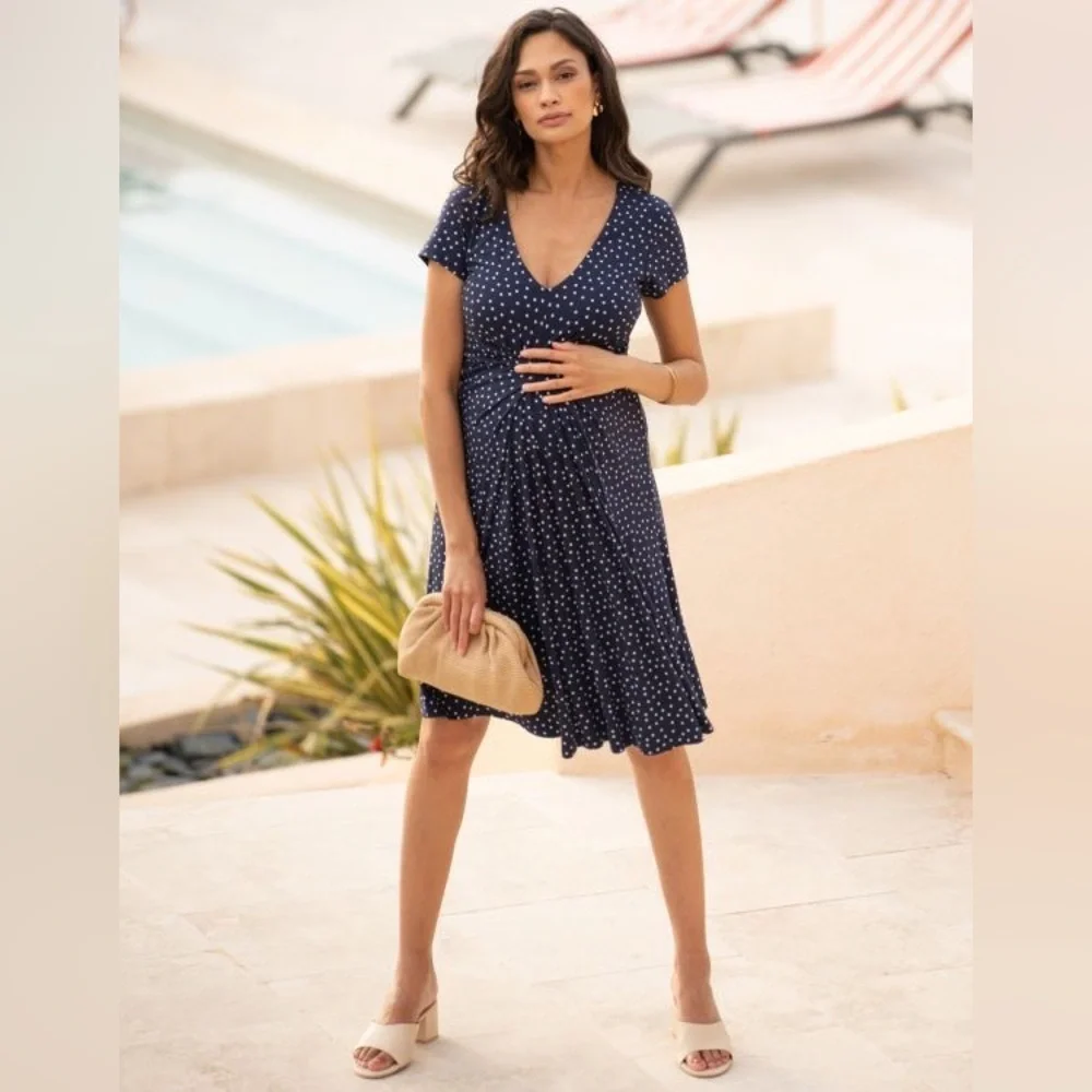 Seraphine Maternity Jersey Knit Dress Cap Sleeve Navy Blue Polka Dot NWT - Picture 11 of 13